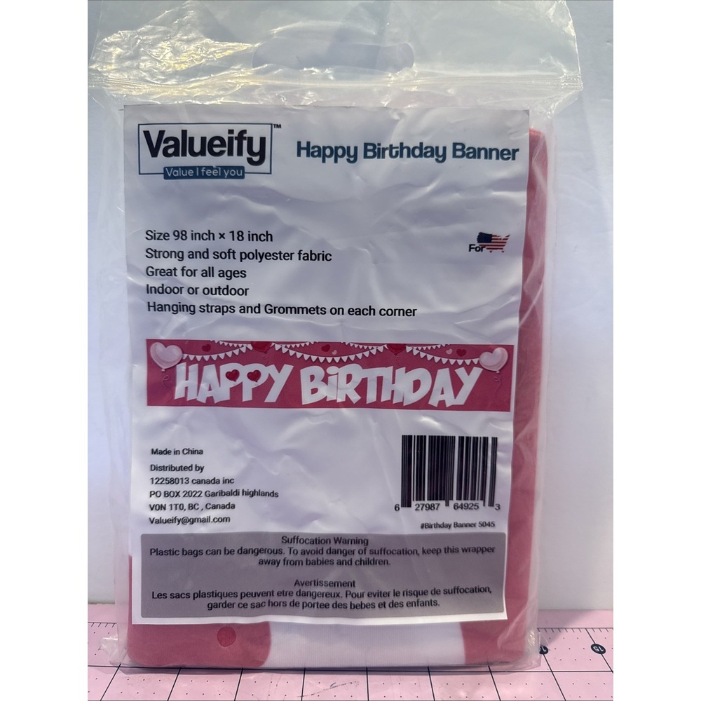 Large Pink & White Happy Birthday Yard Banner 98"x18" with Brass Grommets New